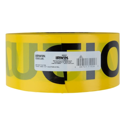 IRWIN 66231 yellow caution tape roll, black lettering, product label visible, photography, front angle on white background.