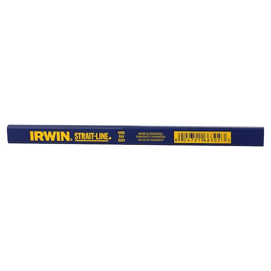 Photo of IRWIN Strait-Line carpenter pencil, SKU 66302, blue body with yellow text, side angle on white background.