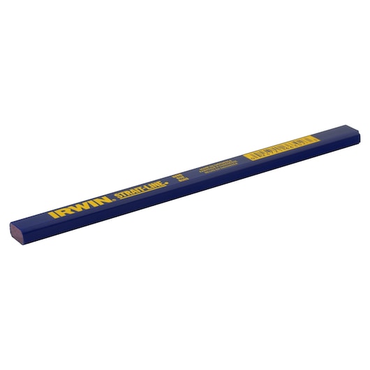 IRWIN 66302 blue carpenter pencil with yellow branding, side angle, photography on white background.