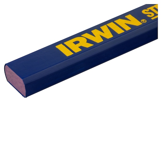IRWIN carpenter pencil SKU 66302, blue rectangular body, yellow logo, side angle on white background.