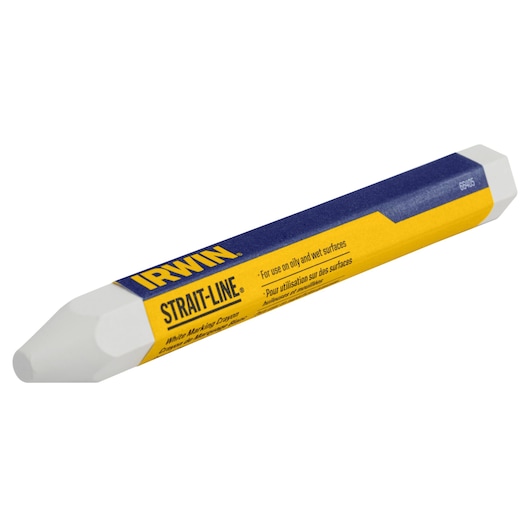 Photo of IRWIN white marking crayon 66405, hexagonal with yellow and blue label, angled on white background.