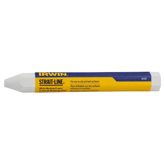 Photo of IRWIN white marking crayon, STRAIT-LINE, SKU 66405, hexagonal design, side angle on white background.