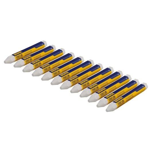 Photo of twelve IRWIN white marking chalk sticks, SKU 66405, arranged in rows on a white background.