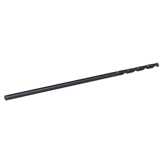 Photo of IRWIN 66710 long black oxide drill bit, side angle on white background.