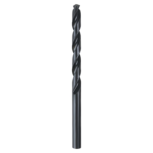 IRWIN 66724 black oxide drill bit, straight fluted, vertical angle on white background.