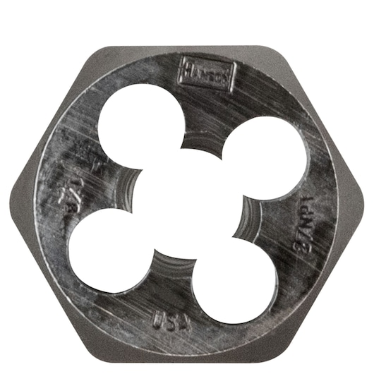 IRWIN 6702 hexagonal steel threading die, close-up on white background.