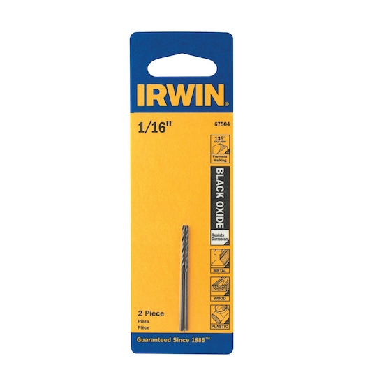 IRWIN 67504 black oxide drill bit pack front view, 1/16 inch size, two pieces, for metal, wood and plastic.