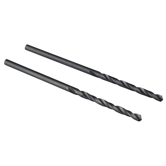 IRWIN 67505 two black twist drill bits, photography, angled view on white background.