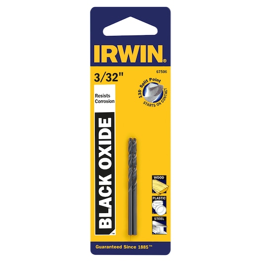 IRWIN 67506 black oxide drill bit 3/32 inch, in retail packaging, for wood, plastic, and steel, front view.