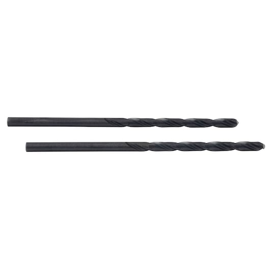 IRWIN 67507 drill bit set, two black metal twist drill bits, side angle, white background.