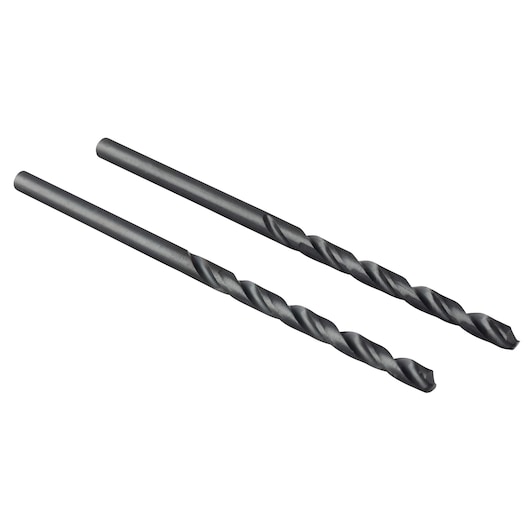 Photo of two IRWIN 67507 black oxide twist drill bits, shown side by side on white background, tool accessories.