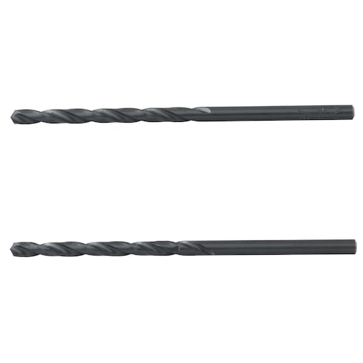 IRWIN 67508 set of two black twist drill bits, straight shank, side view on white background.