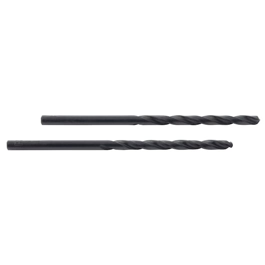 IRWIN 67508 two black metal drill bits, straight shank design, side view, white background.