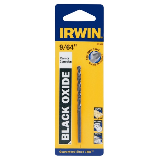 IRWIN 67509 black oxide 9/64 inch drill bit in yellow and blue packaging, front view.