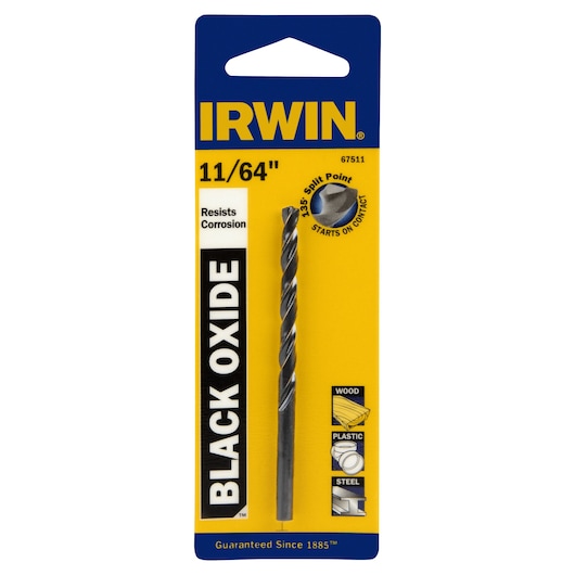 IRWIN 67511 black oxide drill bit 11/64 inch in retail packaging, front view, for wood, plastic, and steel.