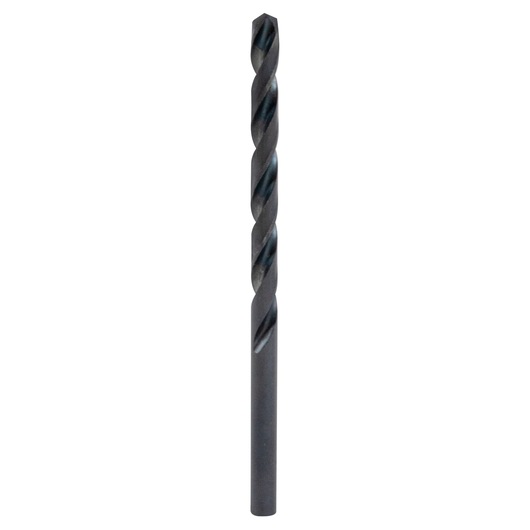 Photo of IRWIN 67512 black oxide drill bit, straight-on angle, with spiral flute and smooth shank.