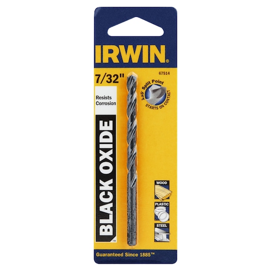 IRWIN 67514 black oxide 7/32 inch drill bit in retail packaging, front view, for wood, plastic, and steel.