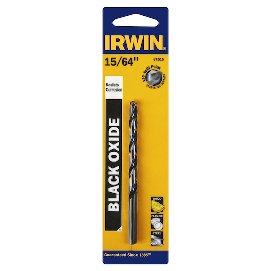 IRWIN 67515 black oxide drill bit in retail packaging, 15/64 inch size, shown from the front on white background.