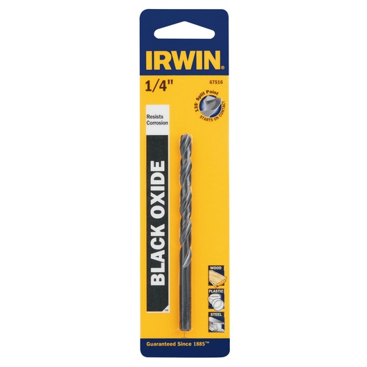 IRWIN 67516 black oxide 1/4 inch drill bit in retail packaging, for wood, plastic, and steel, front view.