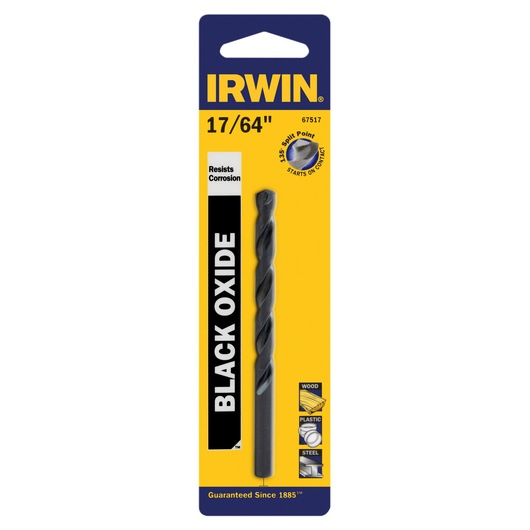 IRWIN 67517 black oxide drill bit for wood, plastic, steel in retail packaging, front angle.