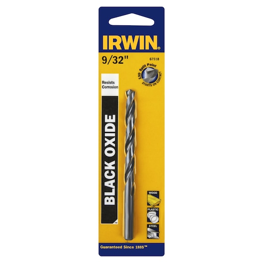 IRWIN 67518 black oxide 9/32 inch drill bit in yellow and blue packaging, front angle, for wood, plastic, and steel.