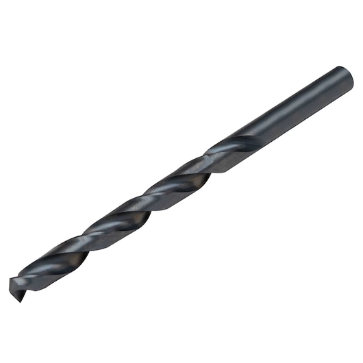Photo of IRWIN 67519 black twist drill bit, angled on white background, single piece, for drilling.