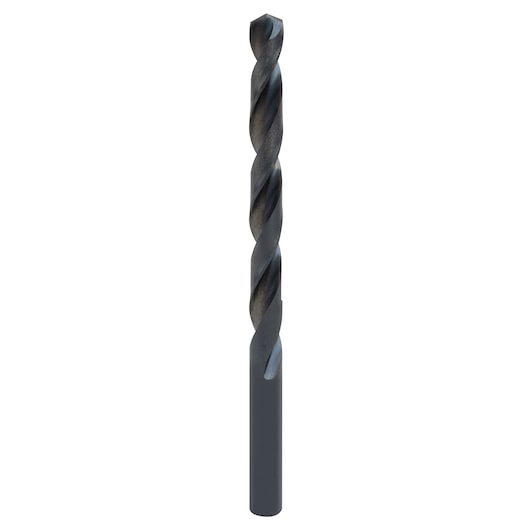 IRWIN 67519 black oxide drill bit, straight shank, single unit, vertical angle on white background.