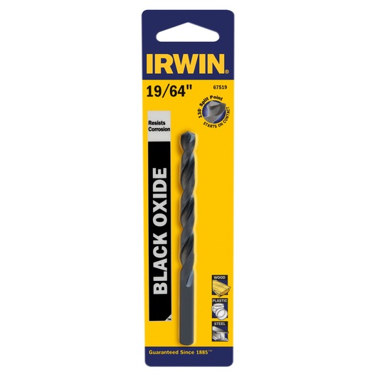 IRWIN 67519 black oxide 19/64 inch drill bit in retail packaging, front angle on white background.