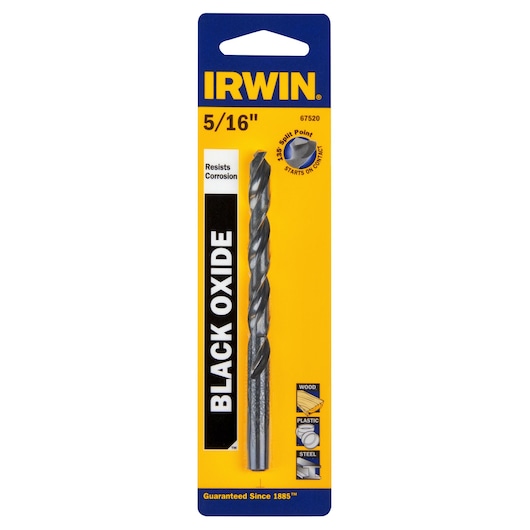 IRWIN 67520 black oxide drill bit 5/16 inch in yellow and blue packaging, front angle, for wood, plastic, and steel.