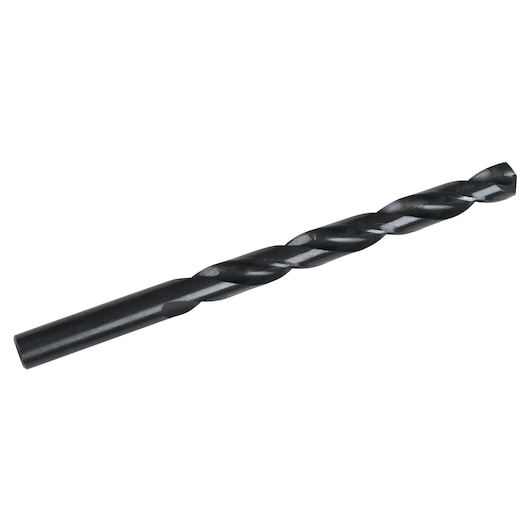 IRWIN 67521 black metal twist drill bit side angle on white background, photography product image.