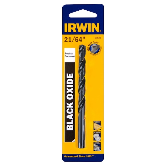 IRWIN 67521 black oxide drill bit 21/64 inch in retail packaging, front view, yellow and blue card.