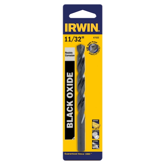 IRWIN 67522 black oxide 11/32 inch drill bit in yellow and blue retail packaging, front angle.