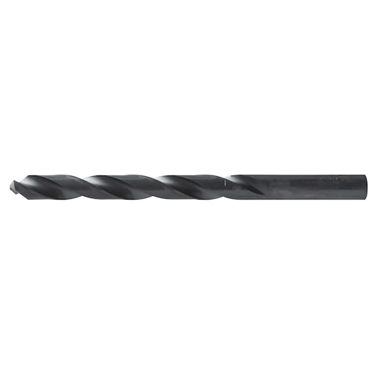 Photo of IRWIN 67523 black twist drill bit, side angle, on white background.