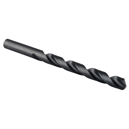 IRWIN 67523 black metal twist drill bit, side angle on white background.