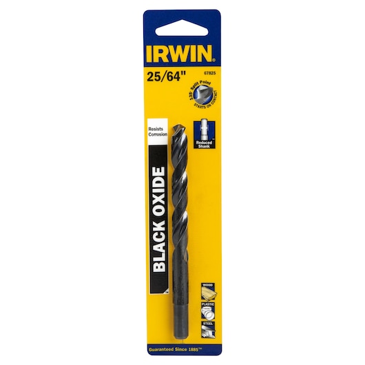 IRWIN 67825 black oxide drill bit, 25/64 inch, reduced shank, corrosion resistant, product in packaging, front view.