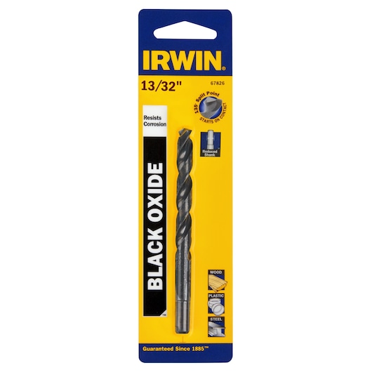 IRWIN 67826 black oxide 13/32 inch drill bit in retail packaging, shown front view on white background.