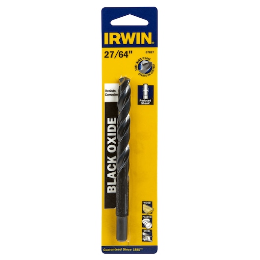 IRWIN 67827 black oxide drill bit for wood, plastic, and steel, shown in retail packaging, front view.