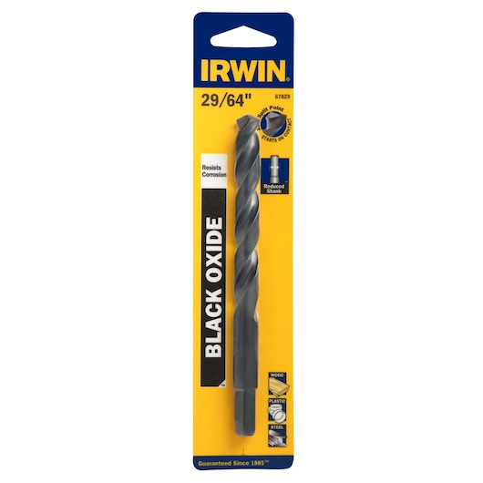 IRWIN 67829 black oxide drill bit 29/64 inch in retail packaging, front angle on white background.