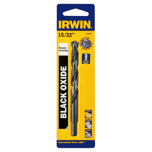 IRWIN black oxide drill bit 15/32 inch SKU 67830, yellow and blue packaging, front angle.