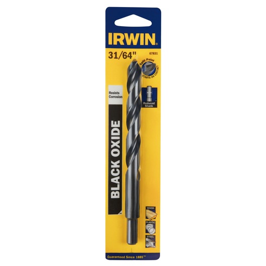 IRWIN 67831 black oxide drill bit in retail packaging, 31/64 inch size, yellow and blue, front angle.