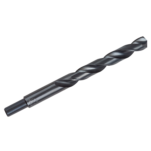 IRWIN 67832 black oxide drill bit, straight shank, side angle on white background.