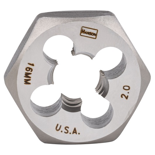 IRWIN 6956 hexagonal steel die, marked 16MM and 2.0 thread pitch, close-up on white background.