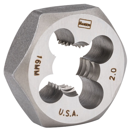 IRWIN round steel threading die 6956 for 16MM threads, angled view on white background.