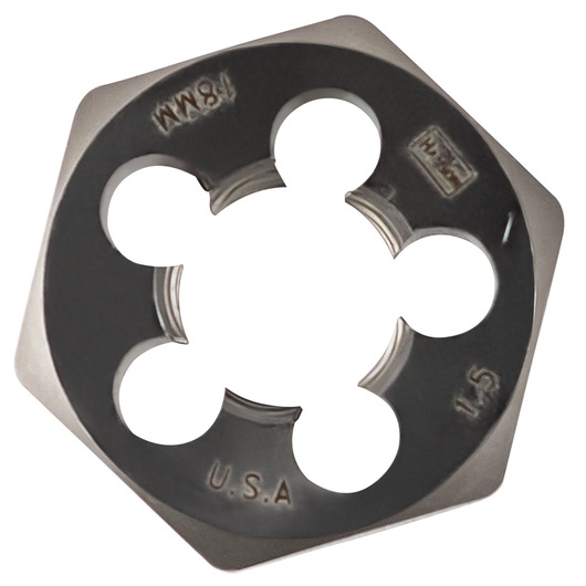 IRWIN 6959 hexagonal steel threading die, 18mm size, photography, top view on white background.