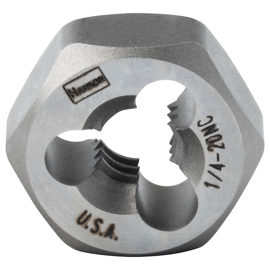 Photo of IRWIN hex die 7220, silver metal threading tool with engraved markings, front angle on white background.