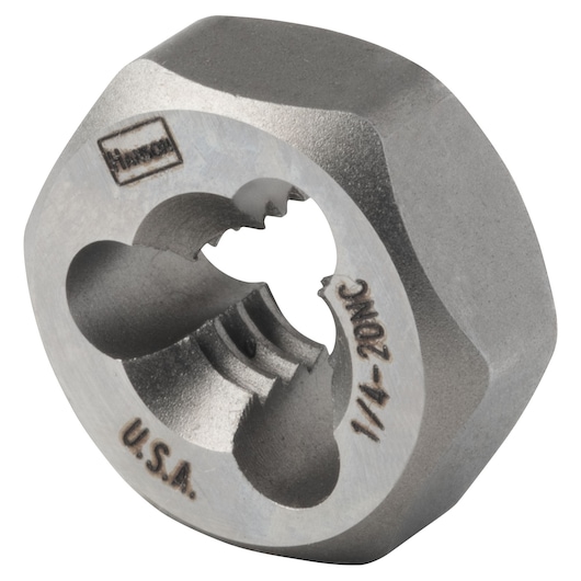 Photo of IRWIN 7220 hexagonal threading die, silver metal, close-up angle on white background.