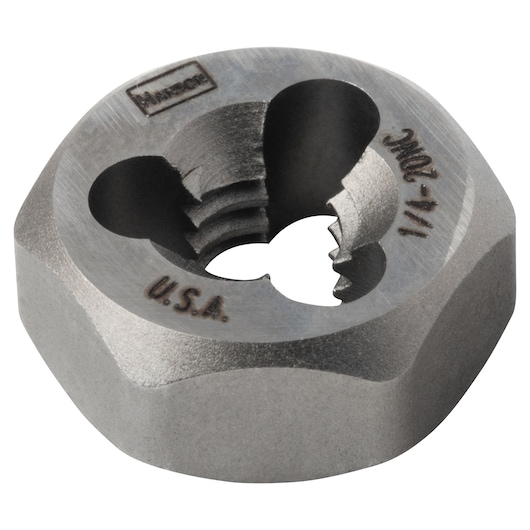 IRWIN 7220 round steel threading die, silver finish, close-up on white background.