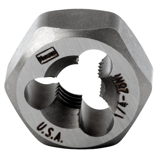 Photo of IRWIN 7223 hexagonal steel threading die, silver, front angle, threading visible, U.S.A. marked.