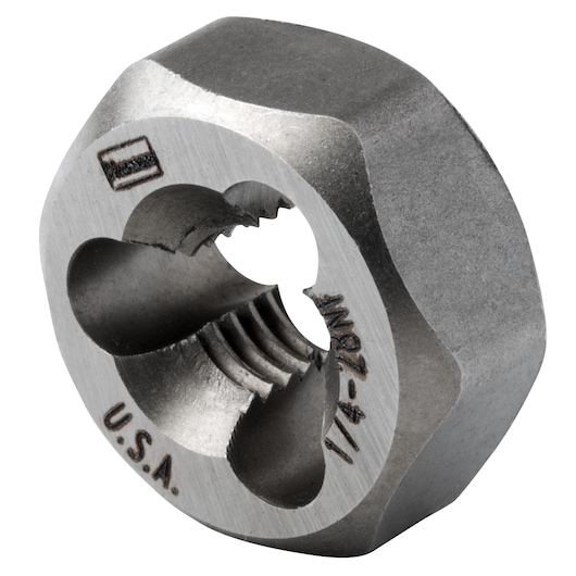 IRWIN 7223 hexagonal steel threading die, close-up angle on white background.