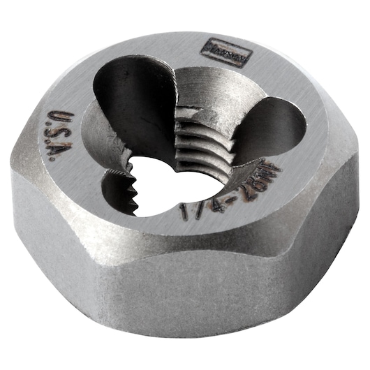 IRWIN hexagonal die, SKU 7223, steel threading tool, close-up on white background.